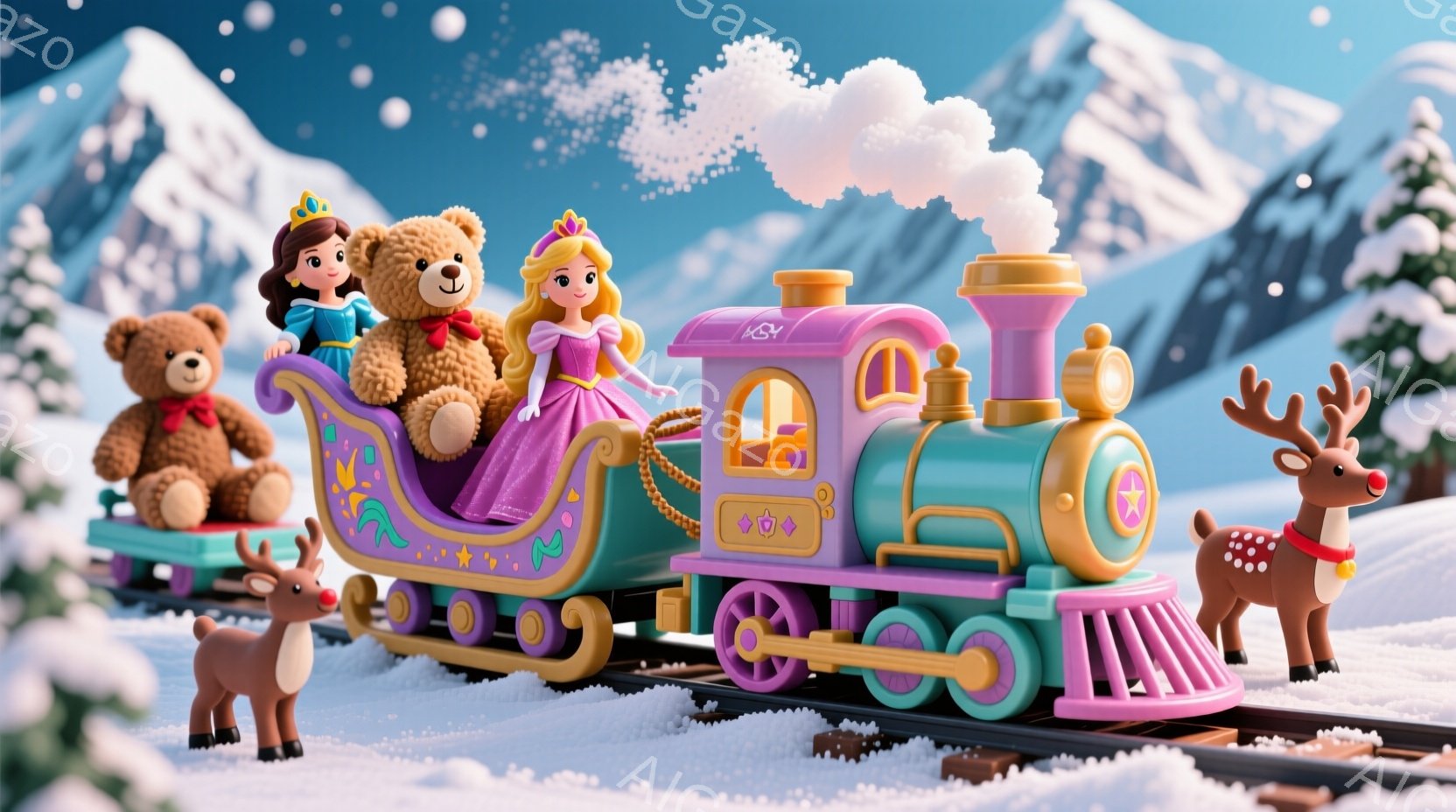 明るいピンクとターコイズブルーの列車が雪景色の中を走っている。列車の上部には、紫色のドレスを着た金髪の少女と、茶色のテディベアが座っており、少女は微笑んでいる。背景には雪に覆われた山々と、ちらつく雪が - AI生成フリー素材