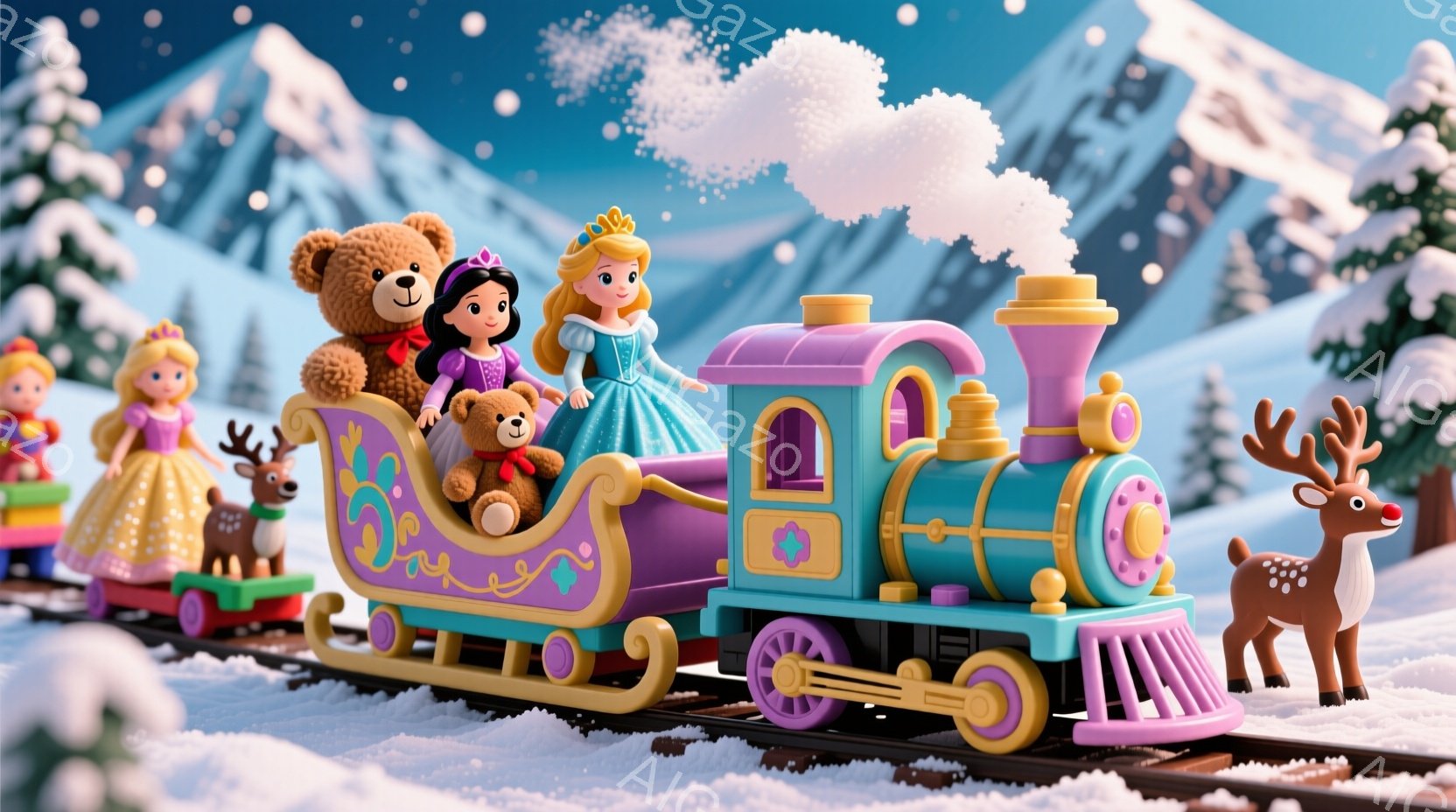 雪に覆われた風景の中に、ピンクと水色の可愛らしい汽車が走っています。汽車には、ティアラをつけた金髪と黒髪の女の子がテディベアと一緒に座っており、楽しそうな表情をしています。背景には雪を抱いた山々が広がり、まるで冬の童話の世界のような、暖かく幻想的な雰囲気が漂っています。