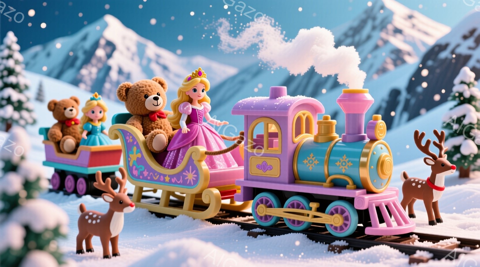 雪景色の中、ピンクと水色の可愛らしい汽車が走っています。プリンセスのような少女は紫色のドレスを着て、茶色の熊のぬいぐるみと一緒に汽車に乗っており、笑顔で手を振っています。背景には雪をまとった山々が広がり、汽車を先導する2頭の鹿が、冬の幻想的な雰囲気を演出しています。