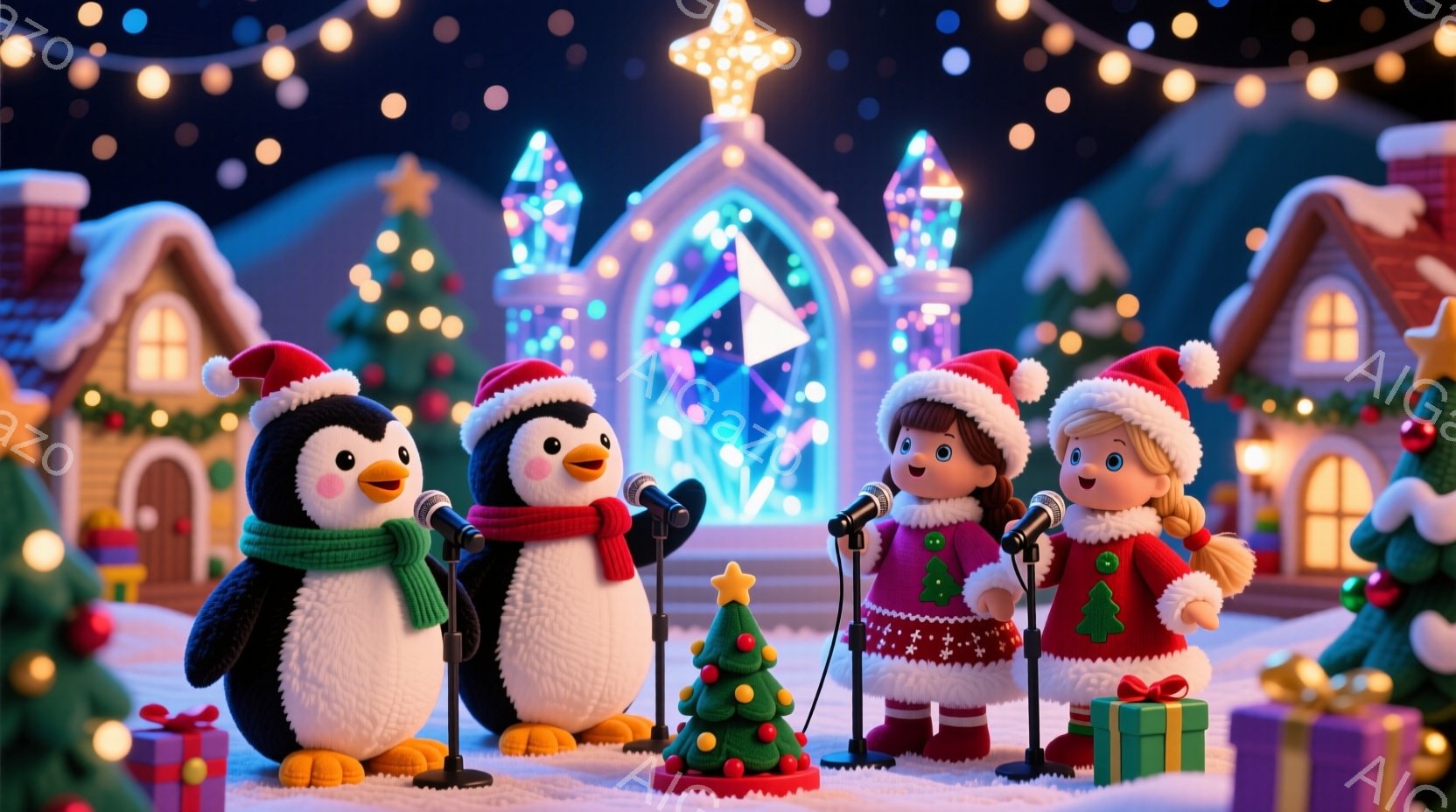 雪景色を背景に、ペンギン2羽と少女2人がマイクロフォンに向かって歌っている様子が描かれています。少女たちはそれぞれ赤い帽子と緑のセーター、赤いドレス姿で、明るい笑顔を浮かべています。背景には、雪で覆われた家々やクリスマスツリー、そして光り輝く雪の結晶が散りばめられ、温かく幻想的なクリスマスの雰囲気が漂っています。