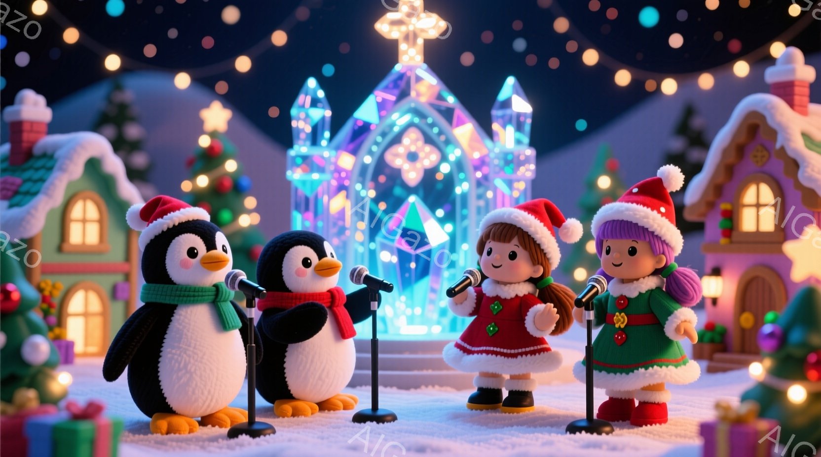 雪景色の中に、ペンギン2羽と少女2人がマイクに向かって歌っている可愛らしい光景が描かれています。少女たちはそれぞれ赤いサンタ帽を被り、緑や赤の暖かい冬の衣装を身に着け、微笑んでいます。背景には、雪に覆われた家々やクリスマスツリー、そして青く輝く氷の城があり、クリスマスの暖かく幻想的な雰囲気を醸し出しています。