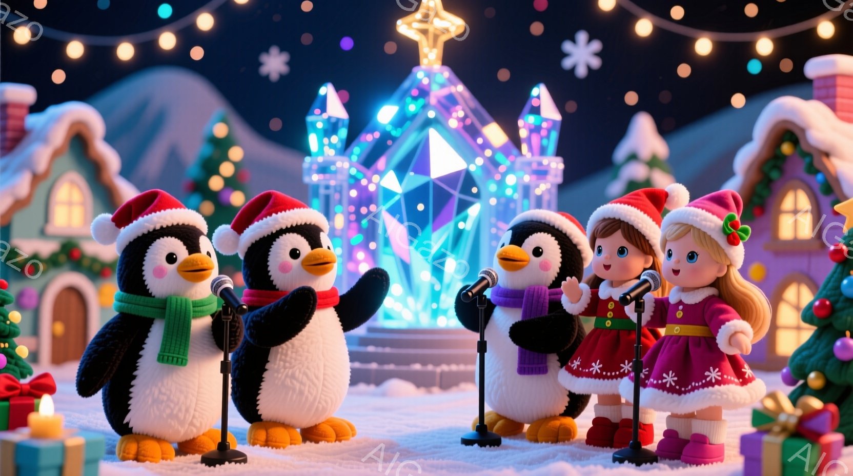 鮮やかなクリスマスを背景に、ペンギンと少女がマイクに向かって歌っている様子が描かれています。ペンギンたちは赤いサンタ帽と緑のスカーフを身につけ、少女は赤い帽子と緑と白の模様のワンピースを着ています。背景には雪景色の中に可愛らしい家々が並び、遠くには光り輝く教会が見え、全体的に温かく、お祝いムードに満ちた雰囲気です。