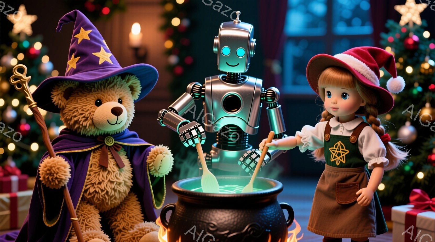 大きなテディベアは紫色のローブと星の模様が入った帽子をかぶり、魔法の杖を持って立っています。人形は赤い帽子とエプロンを身につけ、かまじんで何かを混ぜています。背景には、たくさんのプレゼントと、ぼやけた光の背景があり、暖かく幻想的な雰囲気を醸し出しています。