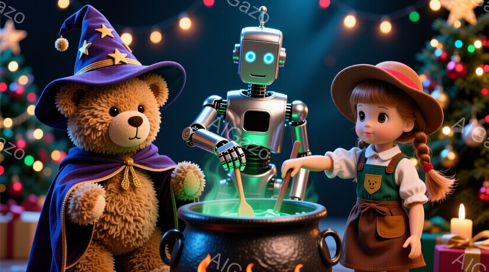 魔法使いの帽子をかぶったテディベアと、エプロンをつけた女の子、そしてロボットが大きな鍋を囲んでいる。女の子は右手に木べらを持ち、鍋の中身を混ぜている様子で、笑顔を浮かべている。背景にはクリスマスツリーやプレゼント箱が飾られ、暖かく幻想的な雰囲気が漂っている。