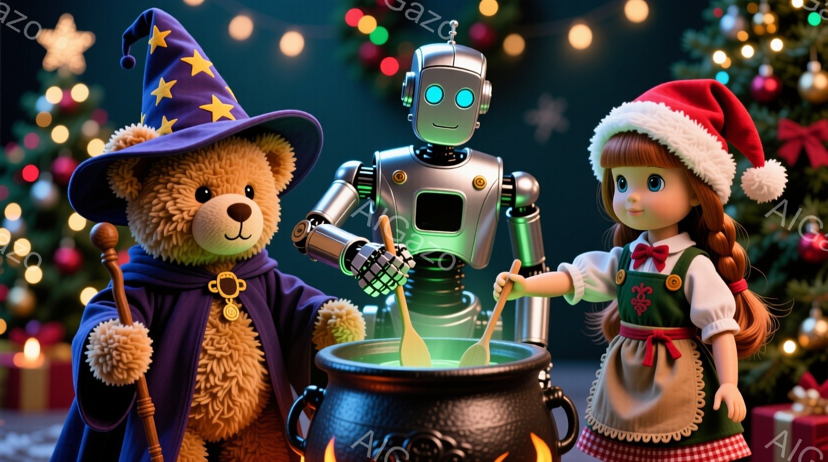 ぬいぐるみのクマは、星が刺繍された紫色のローブと魔法使いの帽子を身につけ、魔法の杖を持っています。そばには、銀色のロボットがおり、大きな黒い鍋の中身を木のスプーンでかき混ぜています。背景には、クリスマスツリーやプレゼントボックスが置かれ、暖かくお祝いの雰囲気です。