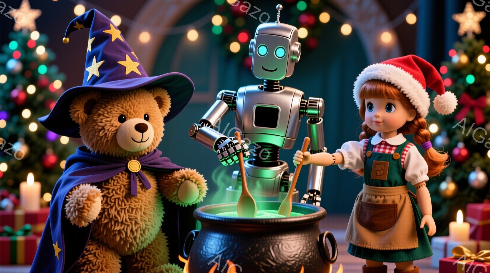 茶色のテディベアは紫色の魔法使いの帽子をかぶり、金色のブローチをつけています。ロボットと少女は、緑色の液体が入った大きな鍋をかき混ぜており、クリスマスツリーやプレゼントが背景に飾られています。全体的に温かく、お祝いの雰囲気で、クリスマスの魔法のような情景が広がっています。