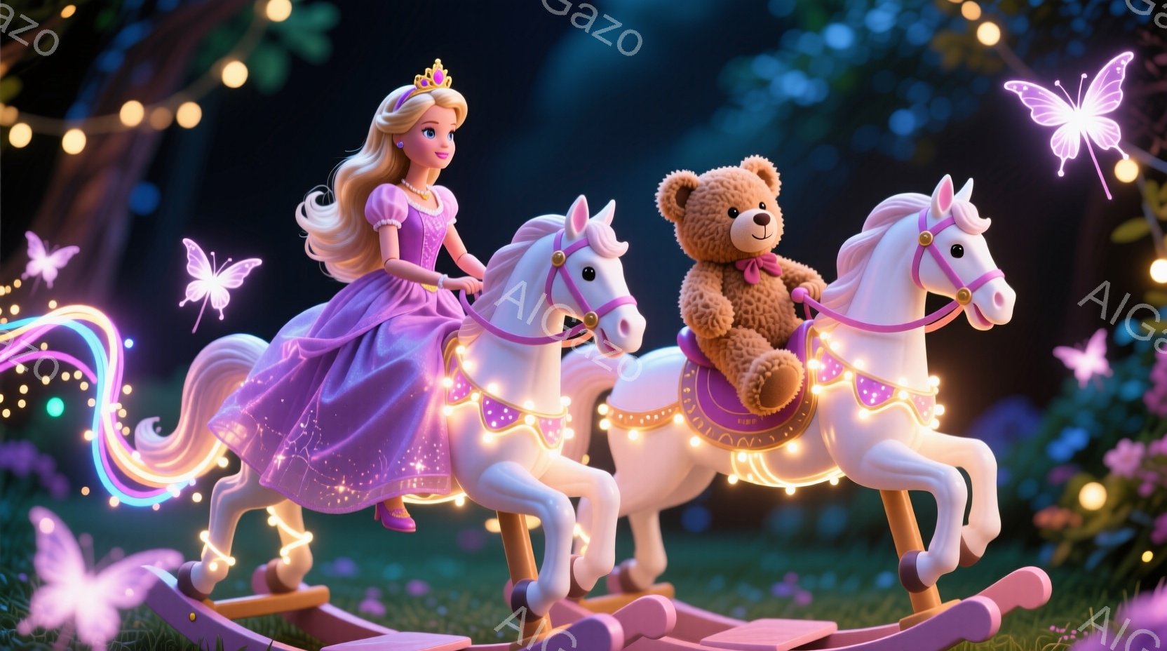 明るい紫色のドレスを着た少女が、白木のロッキングホースにまたがっています。彼女の金髪はカールされており、楽しげな表情をしています。背景には花々が咲き乱れ、点滅する光が幻想的な雰囲気を作り出しています。