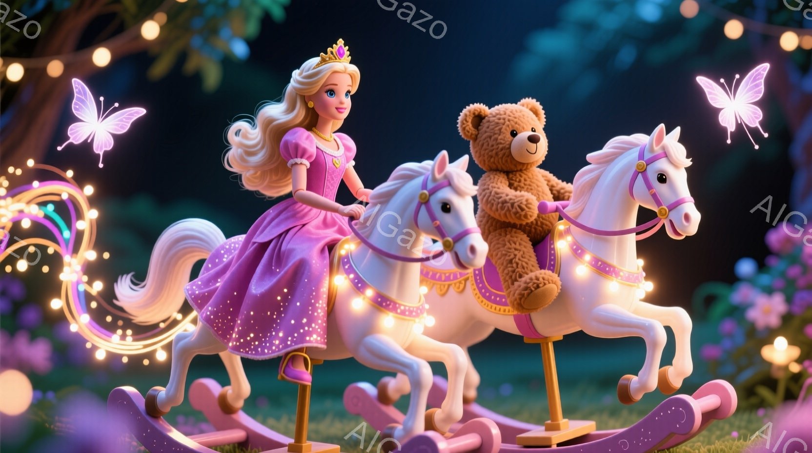 金髪の少女はピンク色のドレスと王冠を身に着け、白い木馬に乗っています。茶色のテディベアも木馬に座っており、二人は楽しそうに前を見つめています。背景にはぼんやりとした緑の風景と、きらめく光の粒子が散りば - AI生成フリー素材