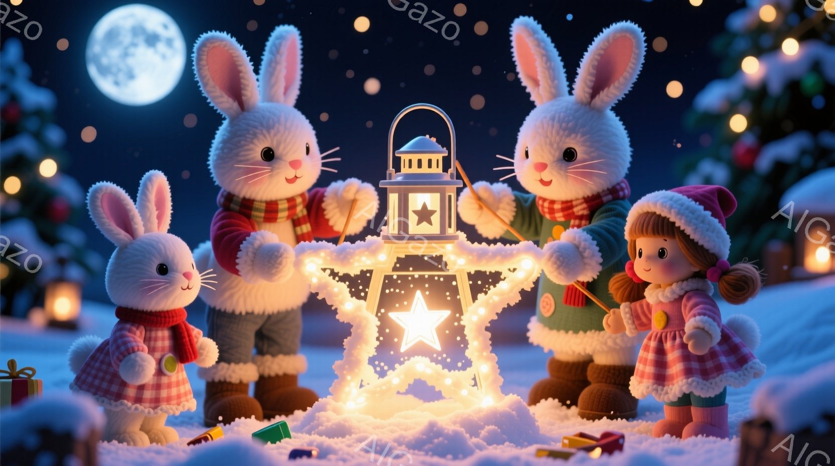 雪景色の中で、ウサギの家族が星形の光の装飾を囲んでいます。親ウサギたちは赤いマフラーとコートを着ており、子供ウサギは帽子とコートを着ています。背景にはクリスマスの飾り付けと雪に覆われた木々が見え、満月 - AI生成フリー素材