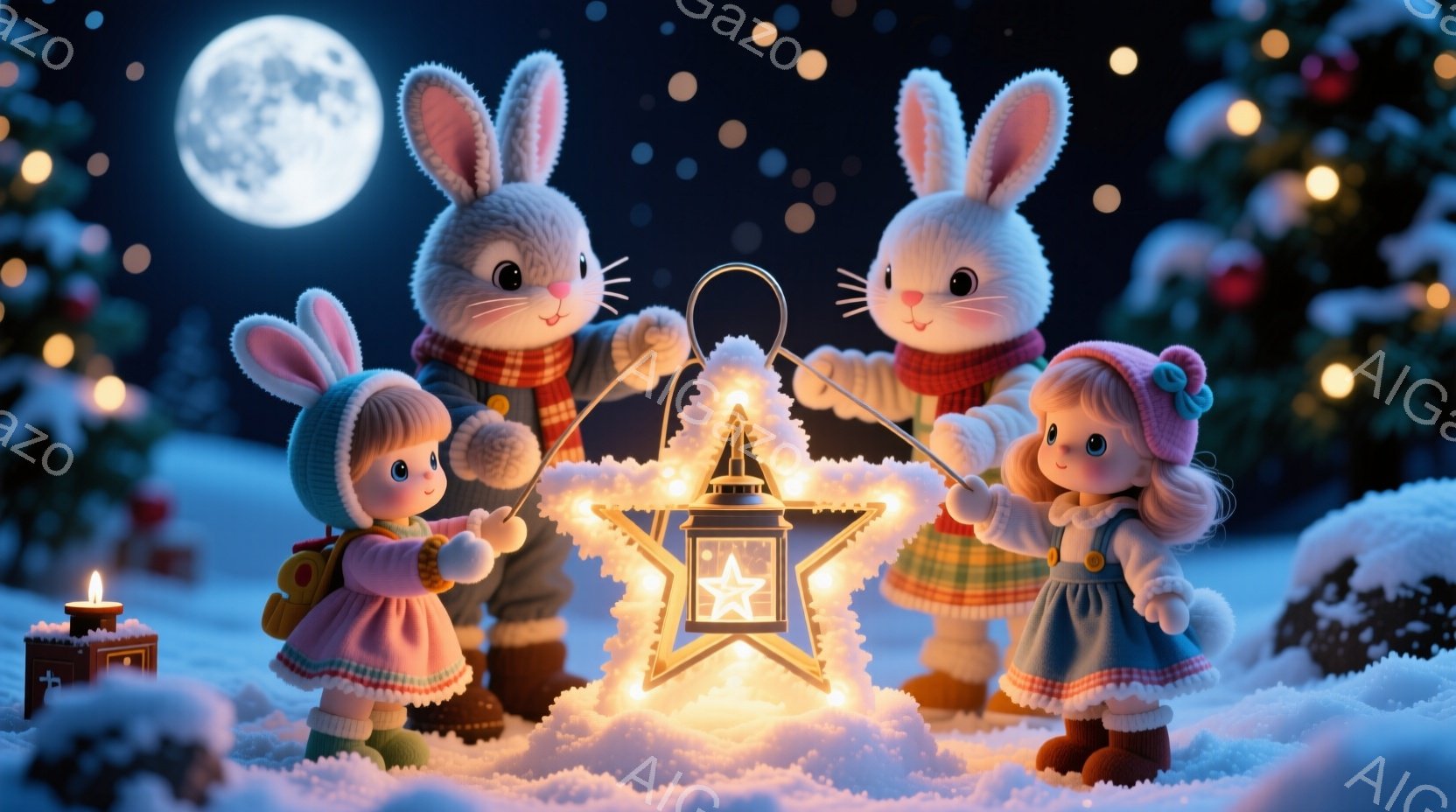 雪景色の中で、ウサギの家族が星型のランタンを囲んでいます。それぞれのウサギは、カラフルな冬服を着ており、女の子たちは帽子をかぶっています。背景には、クリスマスツリーのような木々と、ぼんやりとした月の光 - AI生成フリー素材