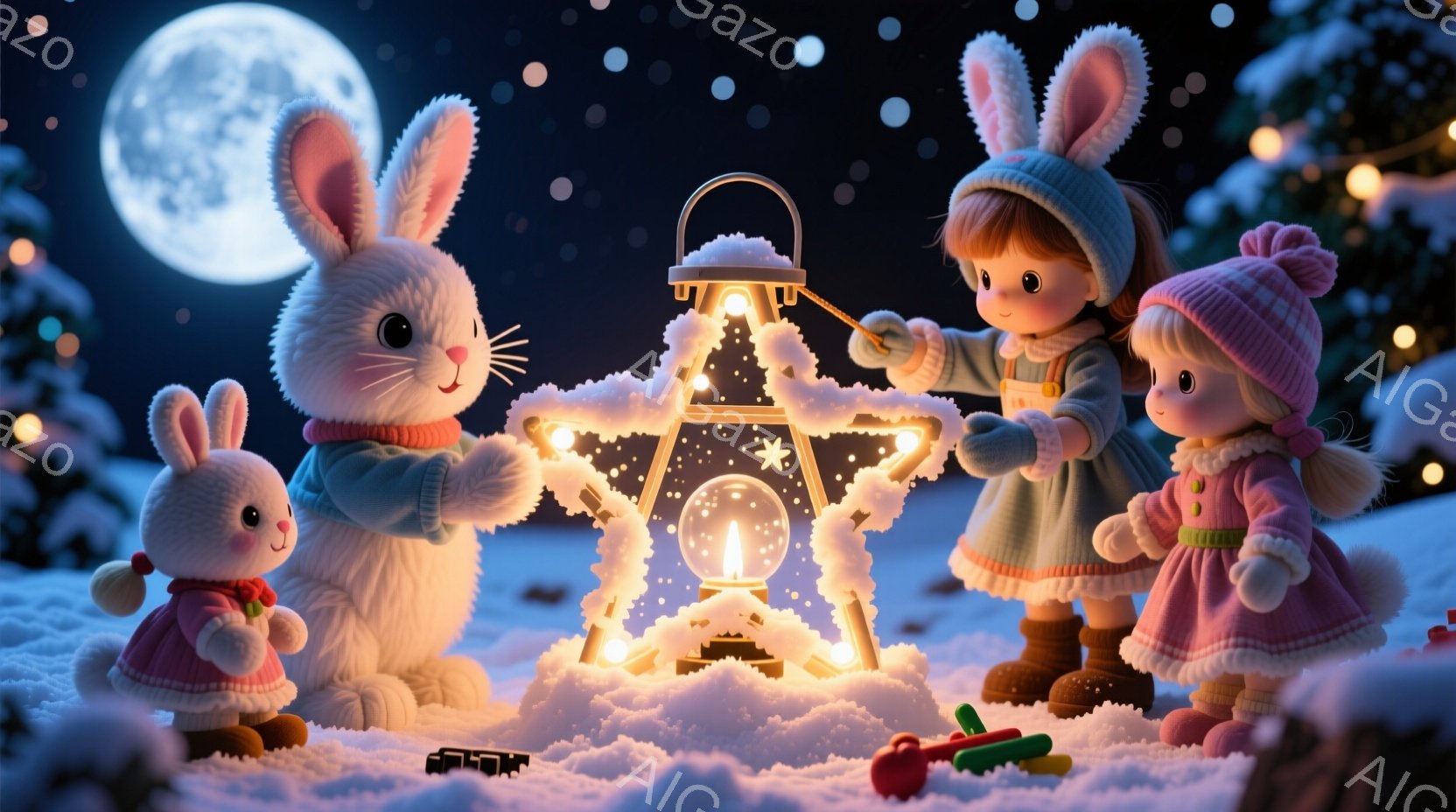 雪景色の中で、ウサギのキャラクターたちがランタンで作られた星型を作り上げています。小さな女の子ウサギはピンクの帽子とコートを着ており、もう一人の女の子ウサギは同じくピンクの帽子に緑色のセーターを着ています。背景には雪に覆われた木々と満月が見え、周囲にはおもちゃの汽車が置かれ、温かく幻想的な雰囲気を醸し出しています。