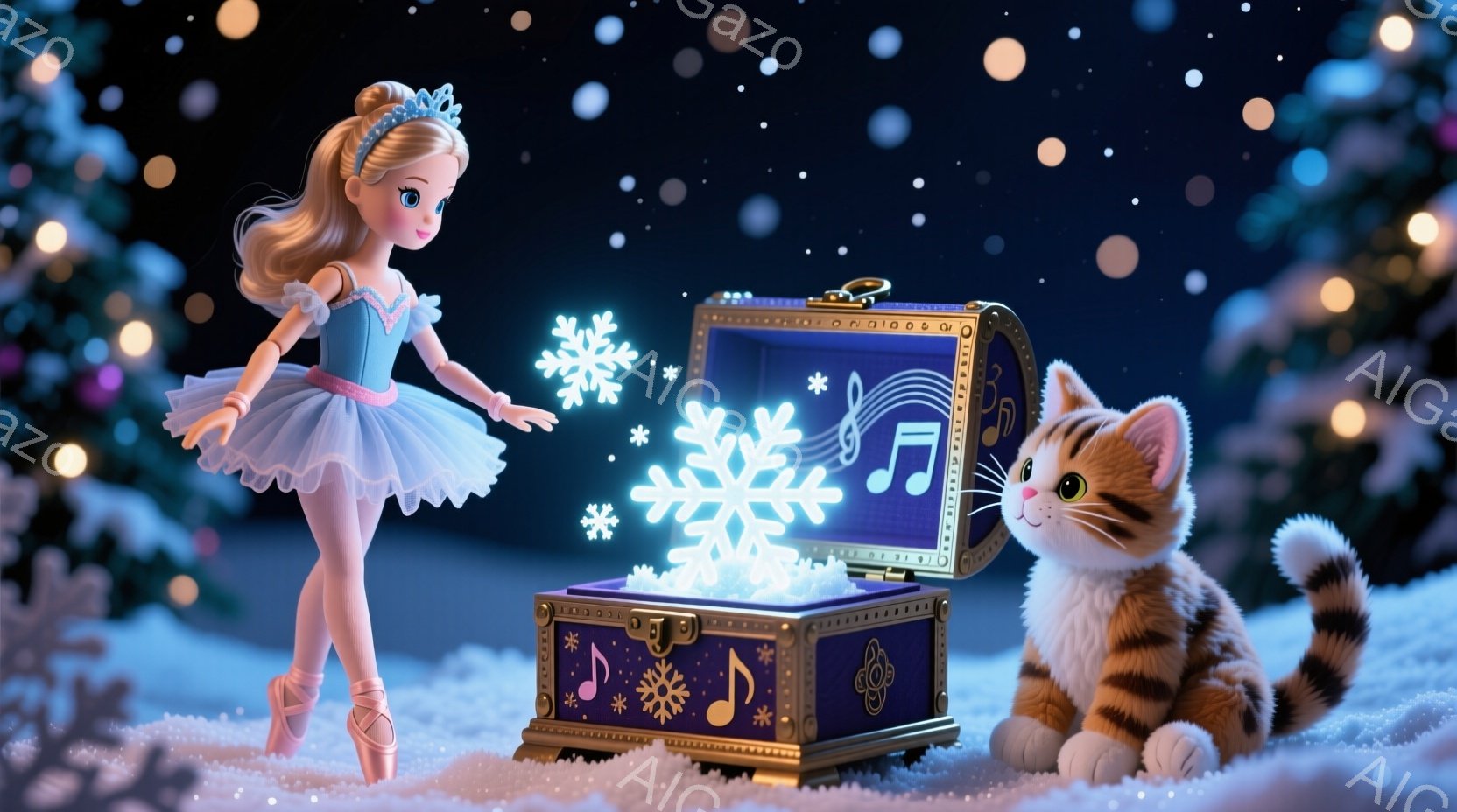 バレリーナの女性が青いチュールスカートと白いトップスを着て、つま先立ちで踊っています。彼女の髪はきれいにカールされ、頭には輝くティアラが飾られています。背景には雪が降り積もり、音楽が流れる宝石箱から光と雪の結晶が溢れ出し、隣には丸まって座っている虎柄の猫がいます。
