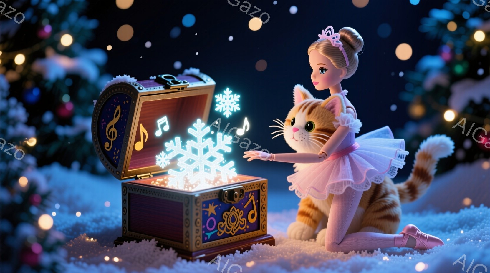 ピンクのチュールスカートと白いレオタードを着たバレリーナの人形が、開いた宝箱から飛び出す音符と雪の結晶を見つめています。虎柄の猫が人形の横で膝をつき、同じように宝箱と音符を見つめています。背景にはぼやけたクリスマスツリーが飾られており、雪が降る幻想的な冬の夜を思わせる雰囲気です。