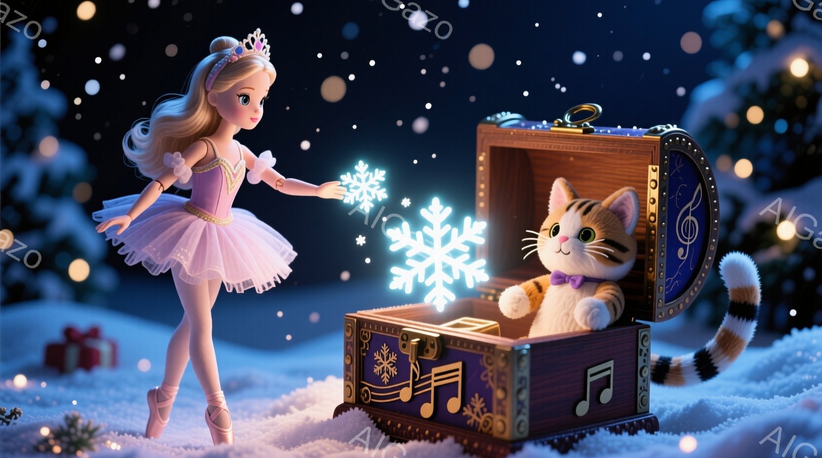 バレリーナの少女が、ピンク色のチュールスカートと白いレオタード姿で、つま先立ちで優雅に踊っています。彼女は手を伸ばし、光り輝く雪の結晶を生み出しています。背景には雪が降り積もる冬景色が広がり、音楽記号が描かれた宝箱の中から、可愛らしい子猫が尻尾を立てて顔を出しています。