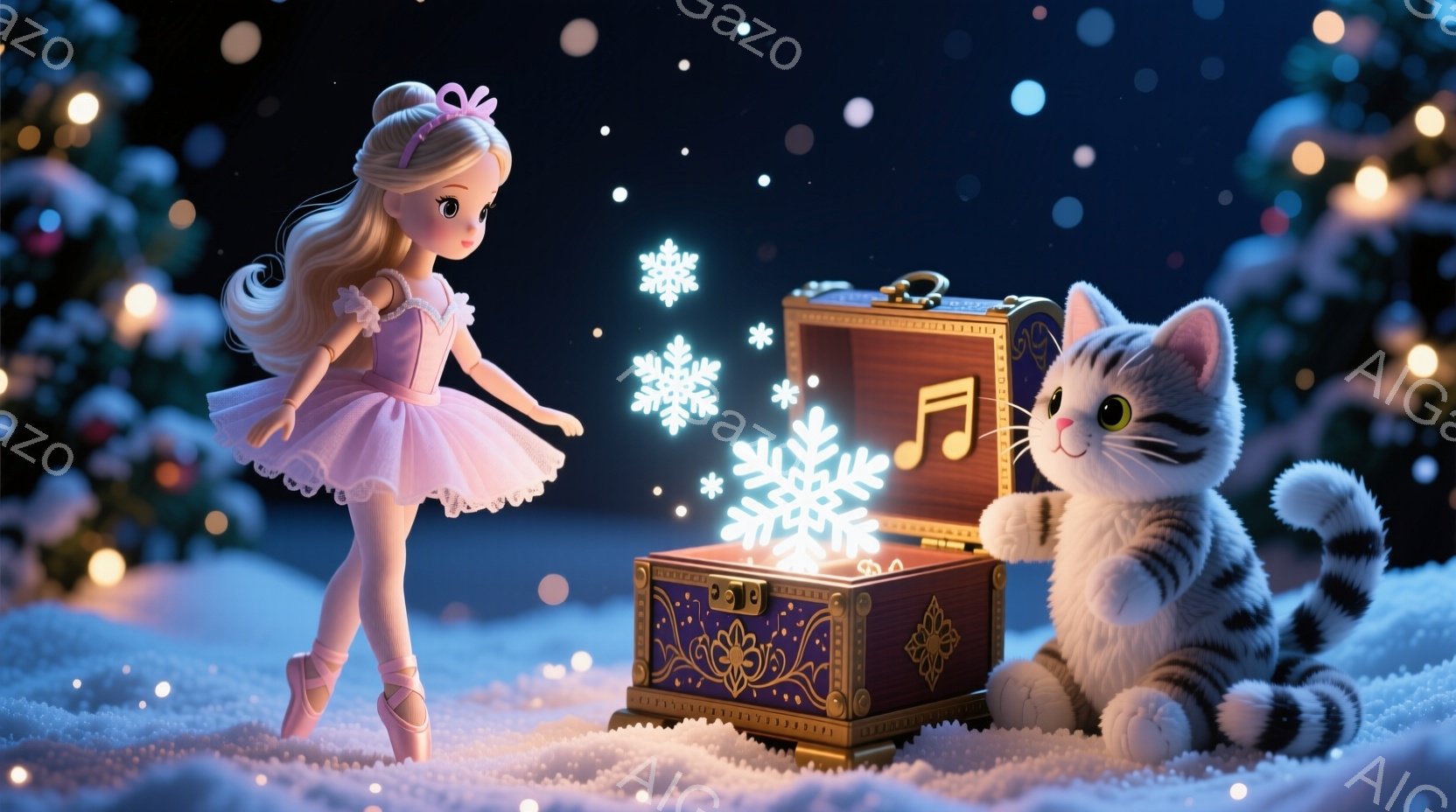 バレリーナの女の子は、ピンクのチュールスカートと白いレオタードを着て、つま先立ちで優雅に踊っています。彼女の髪は高く結ばれており、顔には穏やかな微笑みが浮かんでいます。背景には、雪が舞う中、音楽箱が開いており、かわいらしい縞模様の猫が興味津々にその様子を見守っています。