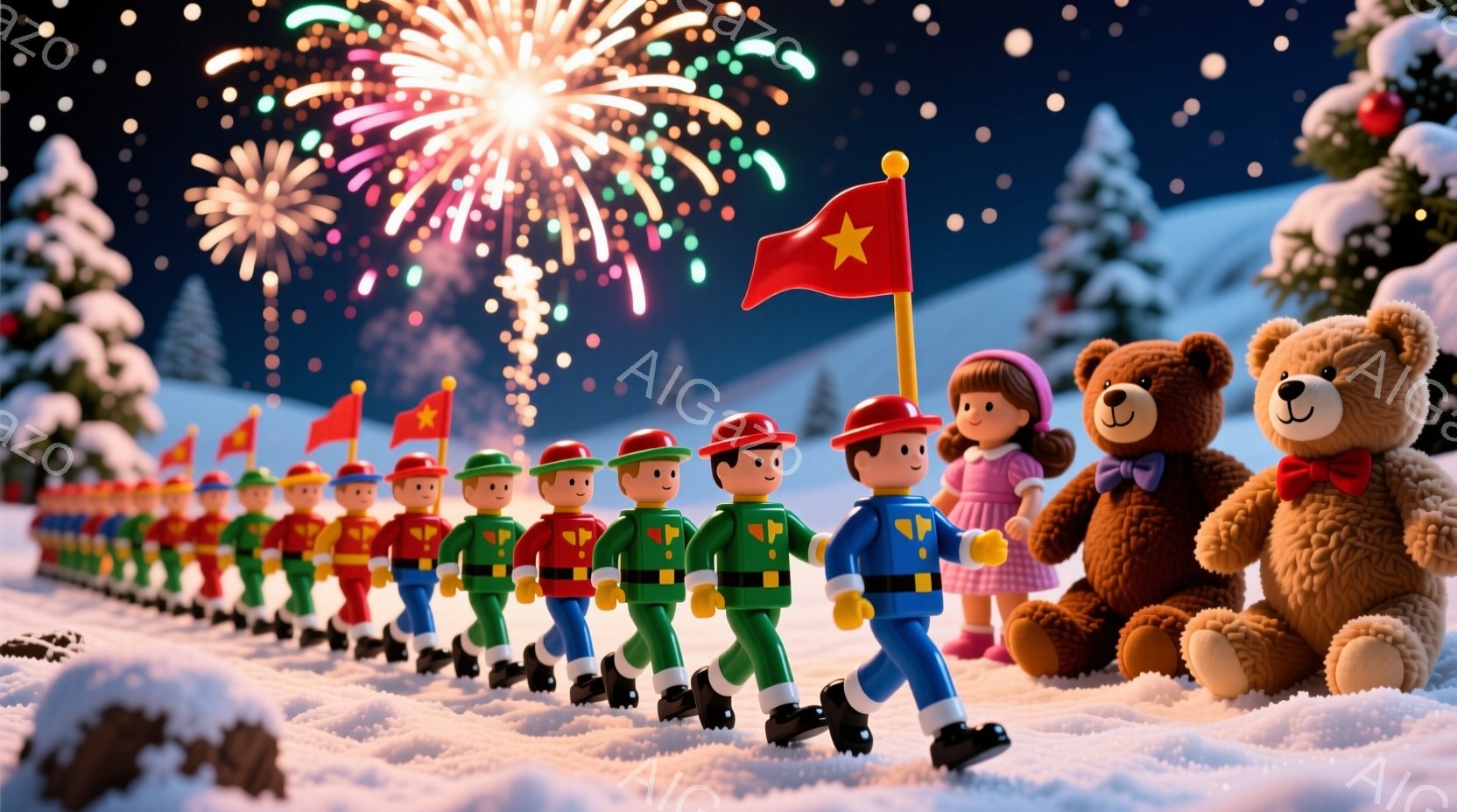 雪景色の中に、ベトナムの旗を持つ人形たちが一列に並んで行進している様子が描かれています。人形たちは赤い、緑、青の軍服に身を包み、皆同じような表情で前方を向いています。背景には雪に覆われた丘陵地帯と、夜空に咲く花火が広がっており、冬の暖かく祝祭的な雰囲気を醸し出しています。