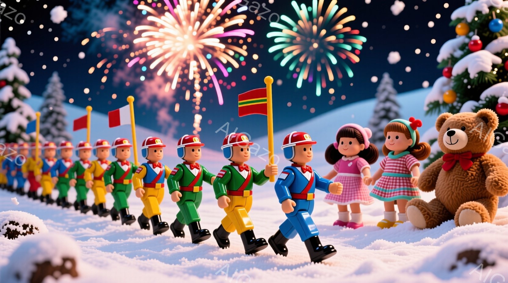 雪景色の中に、おもちゃのような兵隊の列が進んでいます。兵隊たちは緑の制服に赤い帽子とスカーフを身に着け、白い手袋をはめています。背景には、クリスマスツリーと花火が咲き誇り、雪が舞う幻想的な冬の雰囲気を作り出しています。