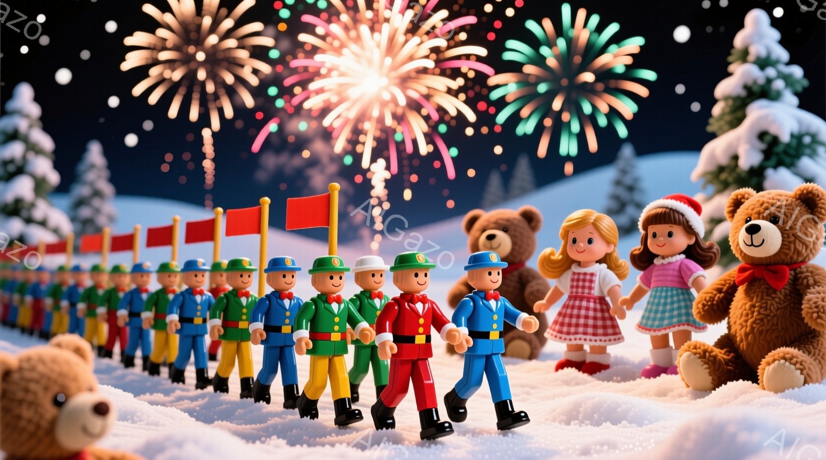 雪景色の中に、兵隊のような木製の人形たちが一列に並んで行進しています。人形たちは、赤、緑、青などのカラフルな軍服を着て、笑顔でまっすぐ前を見ています。背景には、雪で覆われた木々と、夜空に咲く花火が描かれており、そばには可愛らしいテディベアと赤い帽子をかぶった女の子が立っています。
