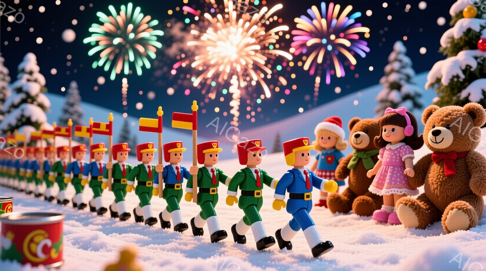 兵隊のおもちゃが整列して雪の中を歩いている様子が描かれています。緑色の制服を着て、赤い腕章をつけ、それぞれ異なる国の旗を持っています。背景には雪に覆われた木々と夜空に輝く花火が広がり、暖かく幻想的な雰囲気を醸し出しています。