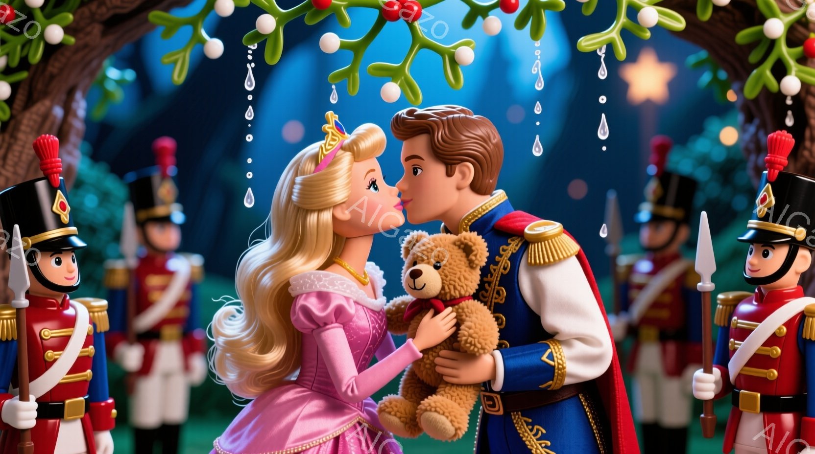 金髪で巻き髪の女性と、青い軍服を着た男性がキスをしようとしています。女性はピンク色のラメのついたドレスを着ており、男性は金色の装飾が施された青い制服姿です。背景には兵隊の人形が列をなしており、ミステリーツリーと雪が舞う冬の雰囲気の背景が広がっています。