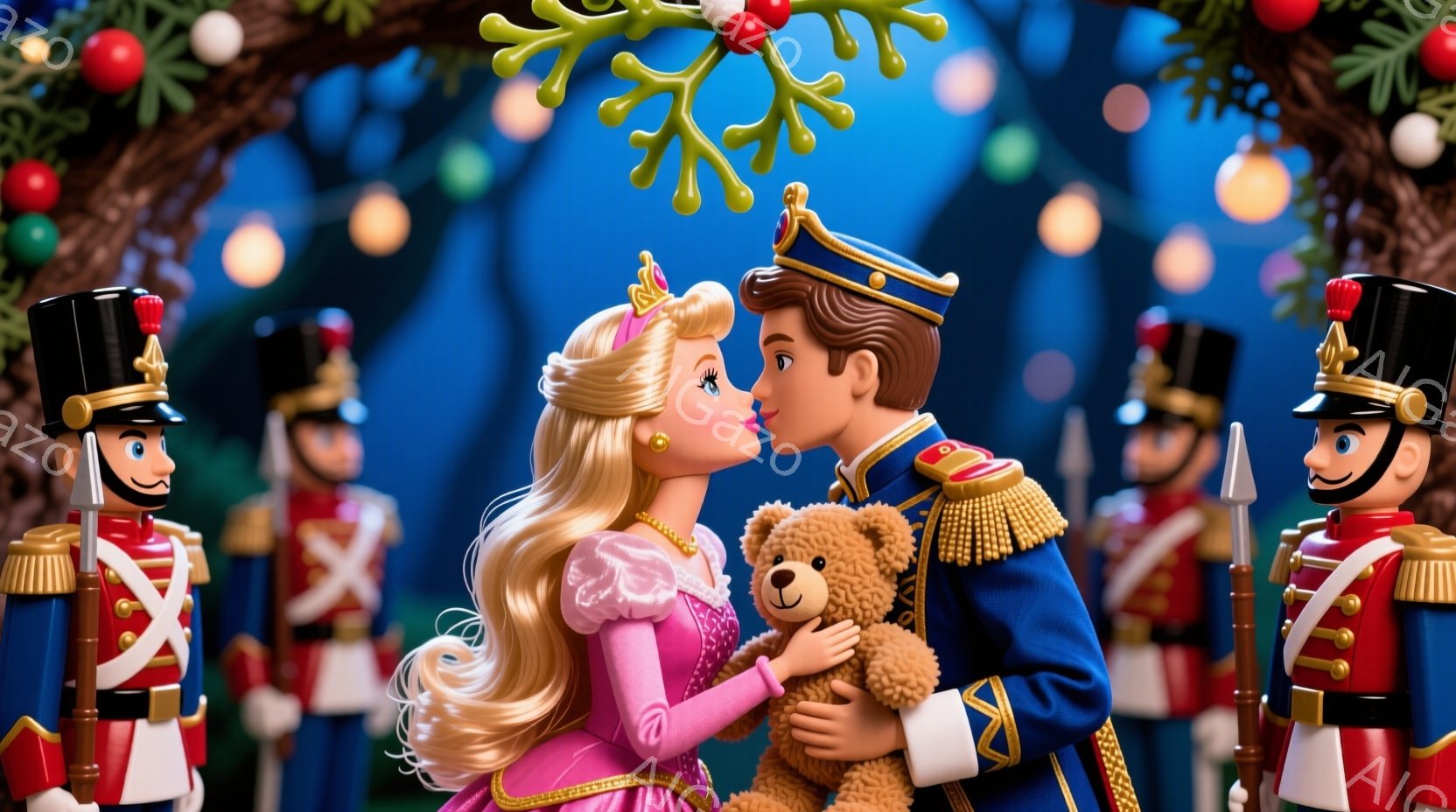 金髪の女性はピンクのドレスとカールした髪で、青い制服を着た男性とキスをしています。背景にはおもちゃの兵士が並び、ミズレトウが頭上に飾られています。全体的にロマンチックで祝祭的な雰囲気が漂っています。 - AI生成フリー素材