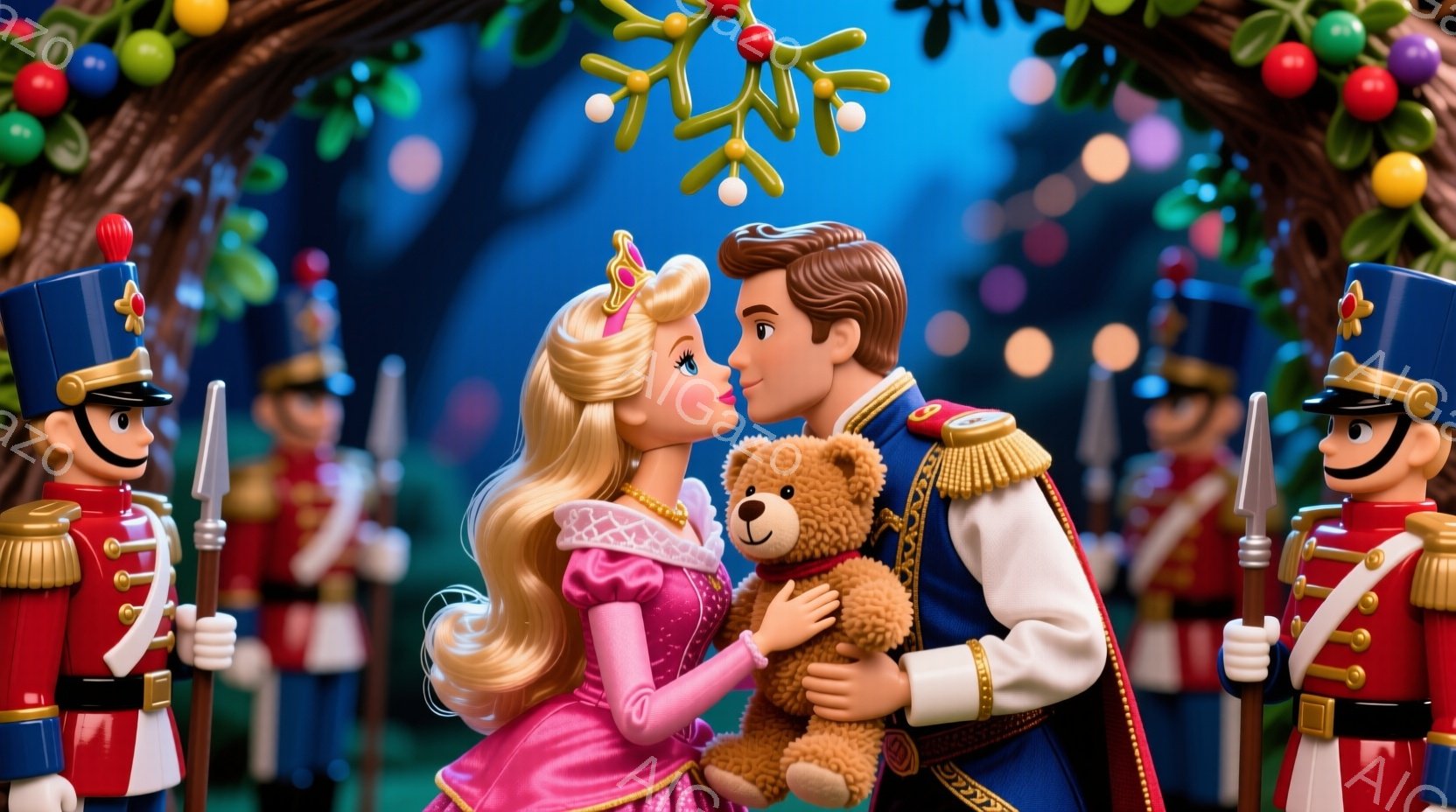 金髪でカールした髪型をした女性と、栗色の髪をした男性が、大きなテディベアを抱きしめ合いながらキスをしています。女性はピンク色のドレスで、男性は赤いジャケットと金色の装飾が施された衣装を身につけており、背景には兵隊の人形が整列し、緑豊かな植物で飾られたアーチが広がっています。全体的にロマンチックで、おとぎ話のような雰囲気が漂い、温かい光が愛情を強調しています。