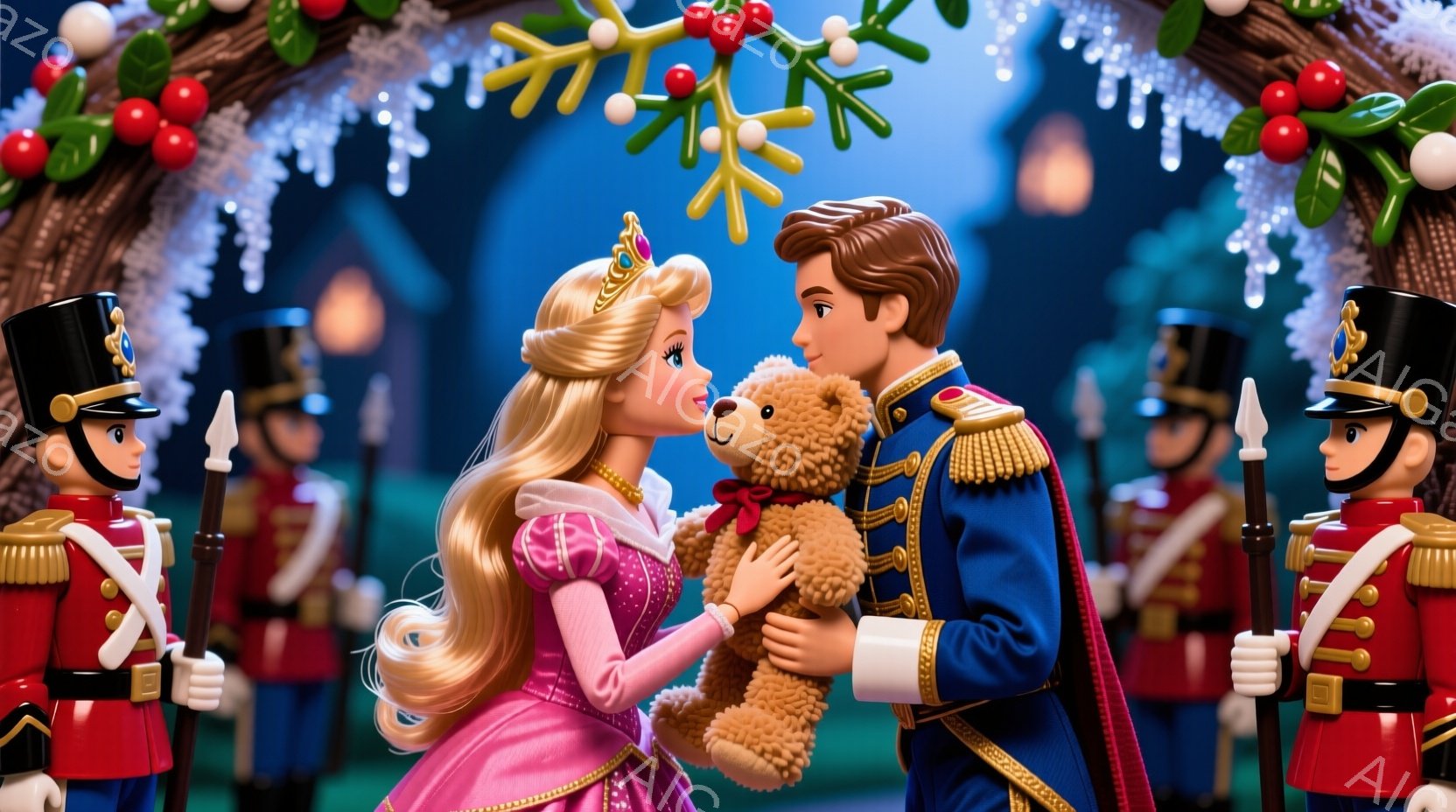 美しいプリンセスは、ピンクのドレスとゆるふわの金髪で、優しい微笑みを浮かべています。王子様は青い軍服姿で、ぬいぐるみを持つプリンセスを見つめ、優しく寄り添っています。背景には赤い軍服を着た兵士の人形たちが整列し、アーチ状の装飾がクリスマスらしい雰囲気を醸し出しています。