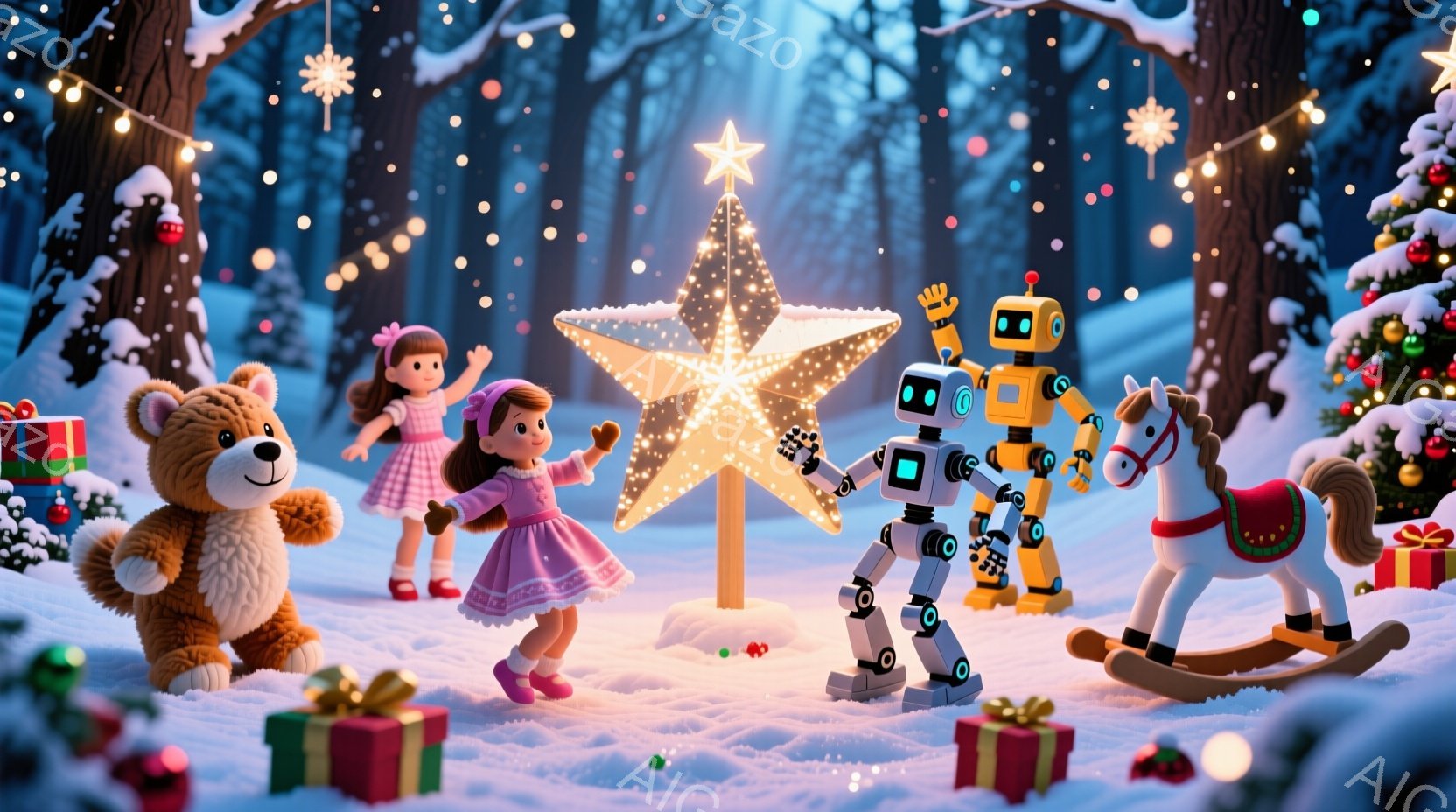 雪景色の中、少女はピンクのドレスを着て、赤い靴を履き、髪はカールしてリボンで飾られています。ロボットとロッキングホース、テディベアが彼女を取り囲み、背景にはクリスマスツリーが並び、星形の光の装飾が中央に輝いています。全体的に暖かく、お祝いの雰囲気が漂い、雪が舞い散る冬のワンダーランドを描いています。