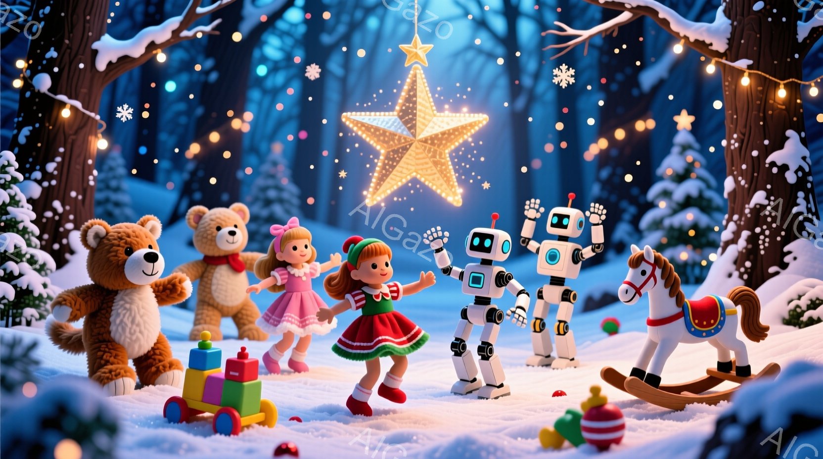 雪景色の中で、テディベア、人形、ロボット、ロッキングホースが円を描いて立っている。人形は赤いドレスと緑の靴下を履き、頭には赤い帽子を被り、笑顔で手を広げている。背景には雪に覆われた木々と輝く星があり、おもちゃたちは楽しげなクリスマスを祝うような、暖かく幻想的な雰囲気を醸し出している。