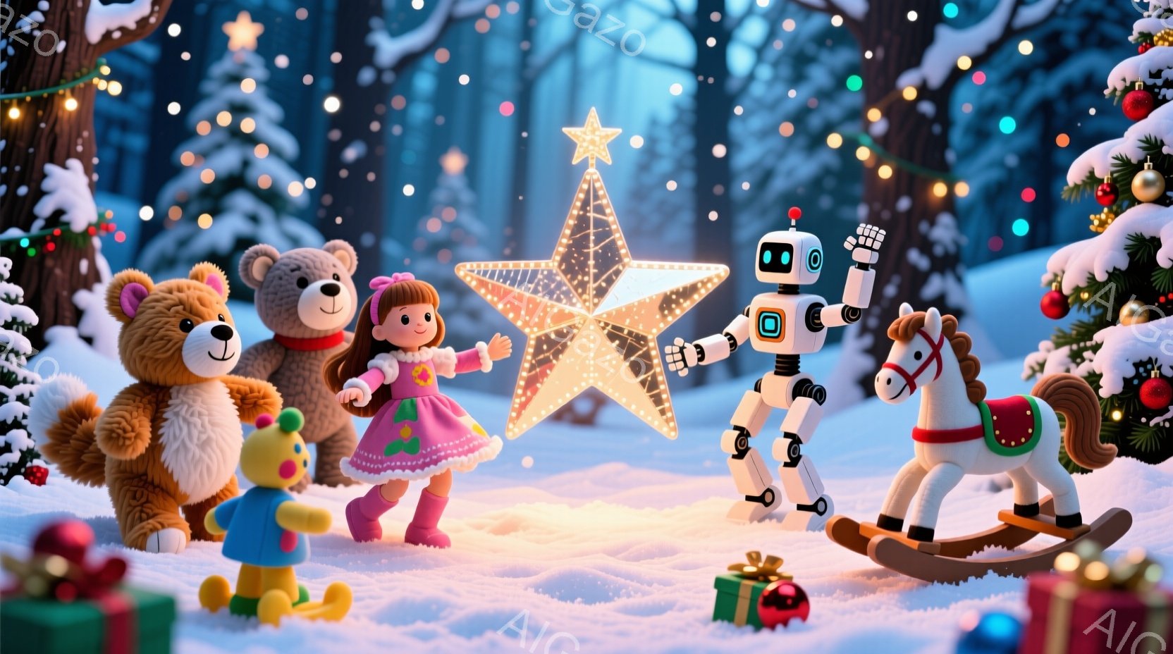 雪景色の中に、可愛らしいおもちゃたちが集まっています。ピンク色のドレスを着た女の子は、茶色の髪をツインテールにして笑顔で立っており、ロボットは片足を上げて少し未来的なポーズをしています。背景にはクリス - AI生成フリー素材