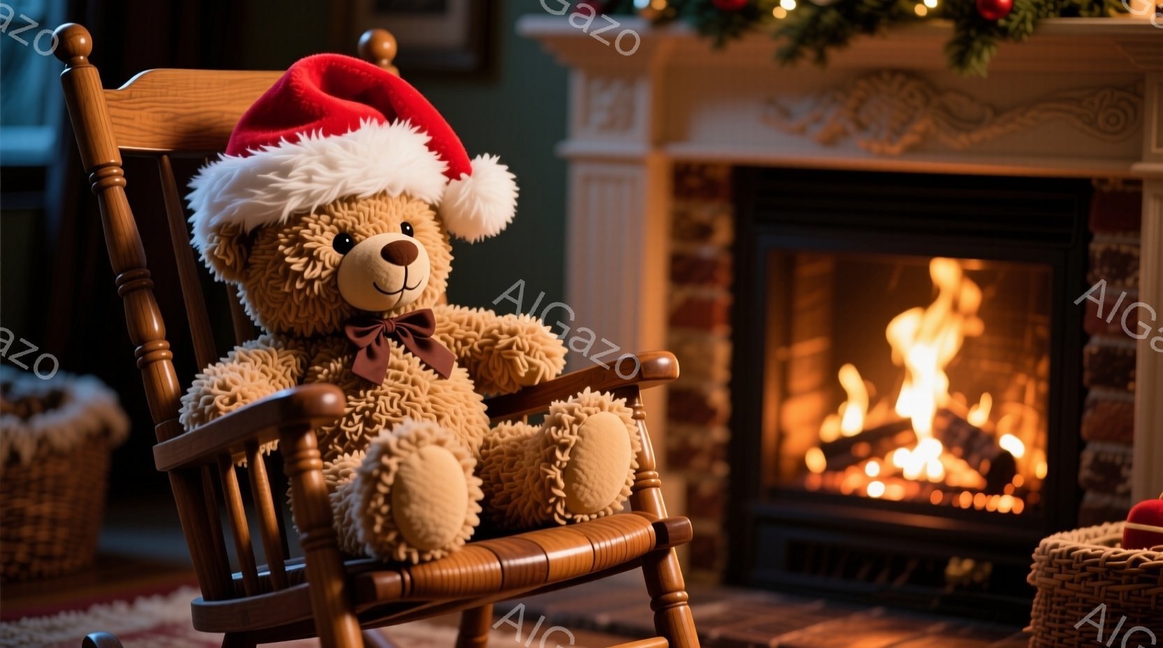 温かみのある暖炉の前に、テディベアがロッキングチェアに座っています。ベアは赤いサンタ帽をかぶり、首には黒いリボンをつけており、穏やかな表情をしています。背景には、クリスマスデコレーションが施された暖炉があり、暖かく心地よいクリスマスの雰囲気を醸し出しています。