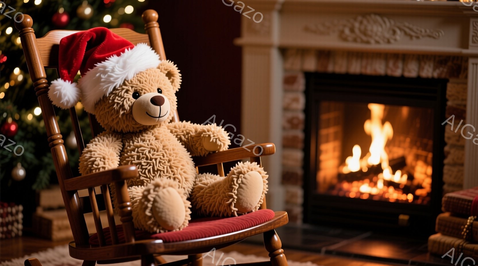暖炉のそばに座るテディベアが描かれています。テディベアは赤いサンタ帽子をかぶり、リラックスした表情でロッキングチェアに座っています。背景にはクリスマスツリーやプレゼントボックスが見え、暖かく、居心地の - AI生成フリー素材