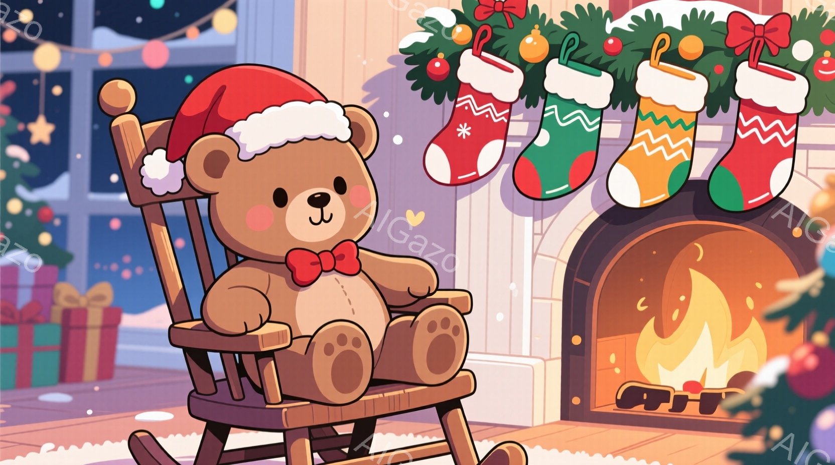 暖炉の前でロッキングチェアに座るテディベアが描かれています。テディベアは赤いサンタ帽と赤いリボンを身に着け、穏やかな表情をしています。背景にはプレゼントやクリスマスストッキング、暖炉の火が見え、クリス - AI生成フリー素材