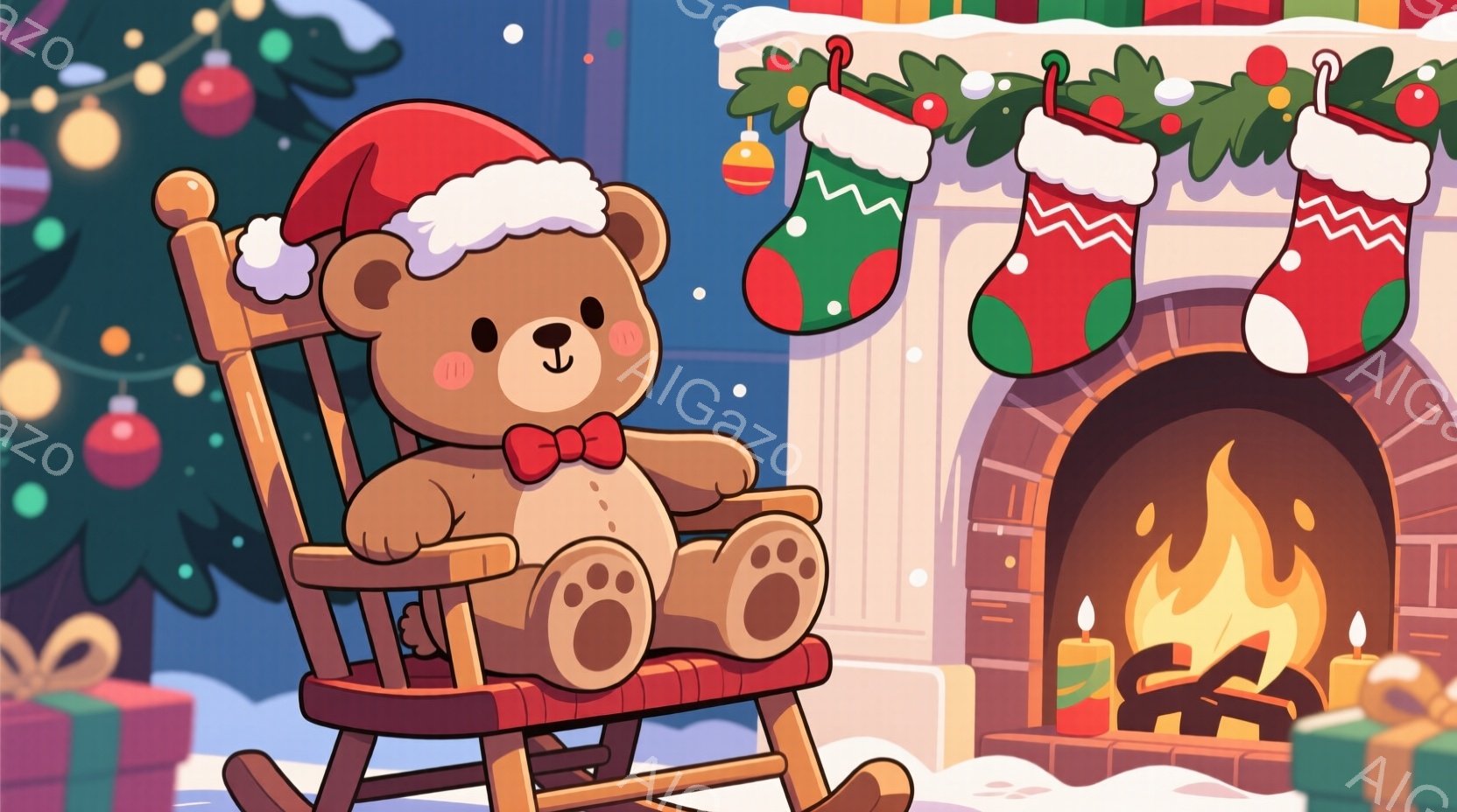 茶色のテディベアがロッキングチェアに座り、赤いサンタ帽と赤い蝶ネクタイを身につけています。暖炉のそばにはプレゼントの箱が置かれ、背景にはクリスマスツリーと靴下が飾られています。全体的に暖かく、クリスマ - AI生成フリー素材
