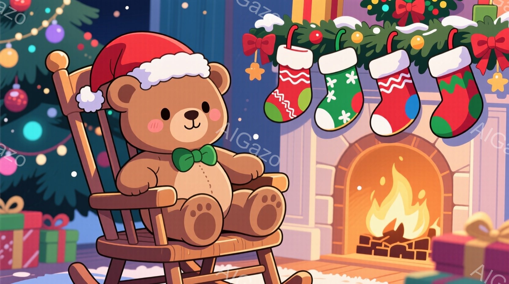 茶色のテディベアがロッキングチェアに座り、緑色の蝶ネクタイと赤いサンタ帽をかぶっています。暖炉のそばにはプレゼントの箱が置かれ、背景にはクリスマスツリーが飾られ、暖炉からは炎が燃え盛っています。全体的 - AI生成フリー素材