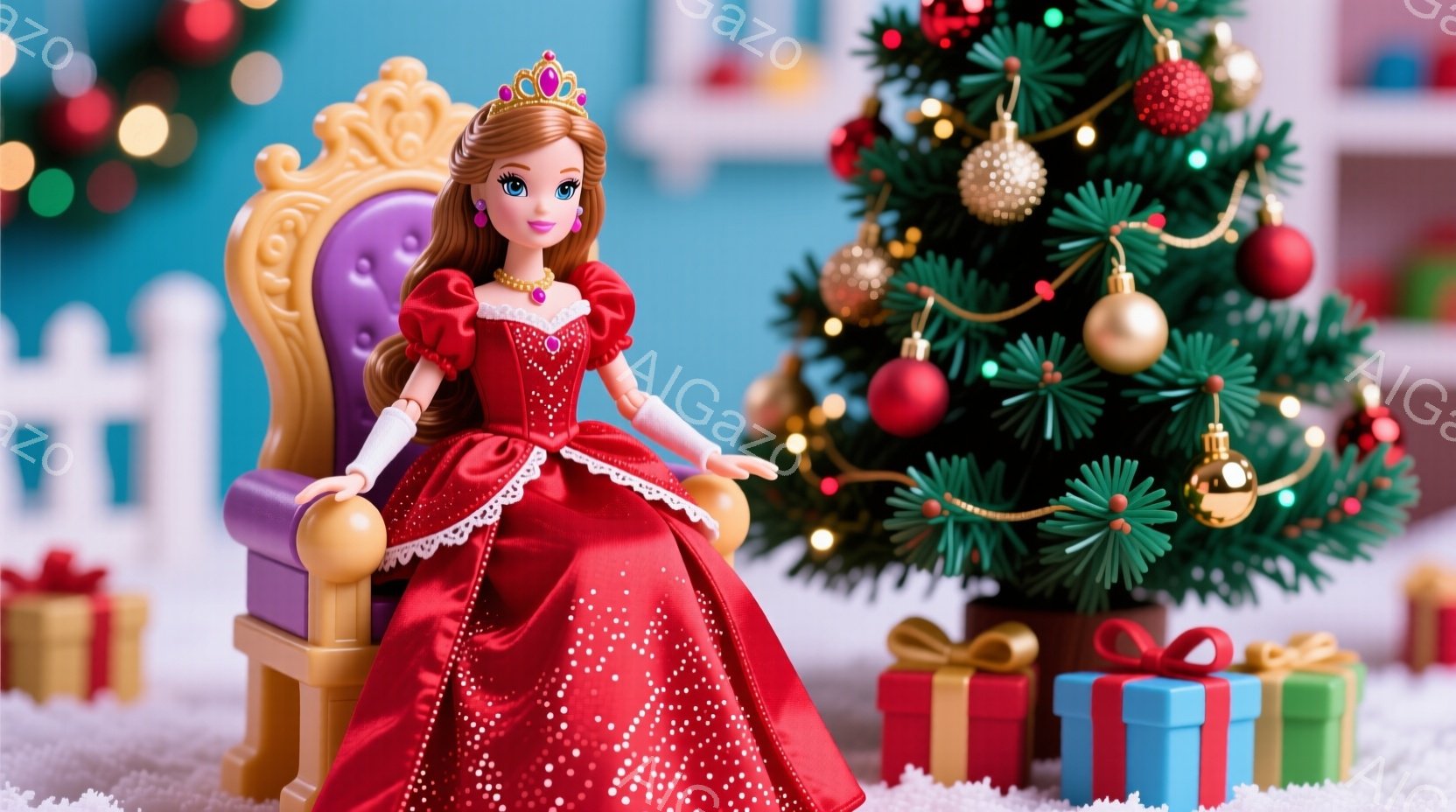 赤いドレスとティアラを身につけた人形が、華やかな椅子に座っています。背景には緑色のクリスマスツリーとプレゼントの箱が置かれ、雪が積もったような白い地面が広がっています。全体的に、おとぎ話のような、暖かく祝祭的な雰囲気が漂っています。