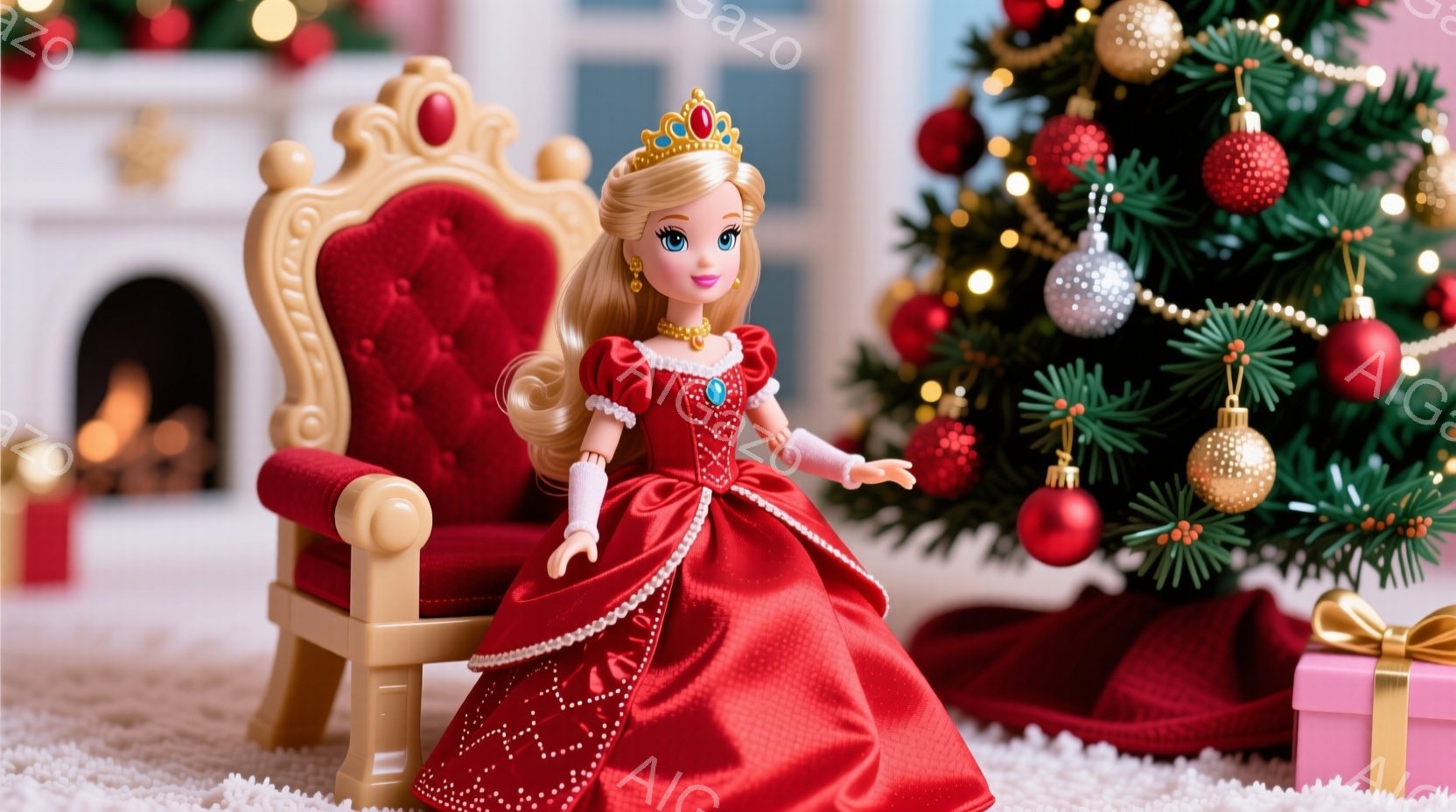 赤いドレスを着た人形が描かれています。人形は金色の王冠をつけ、金髪の髪を高く結んでいます。背景にはクリスマスツリーやプレゼントボックスがあり、暖炉の一部が見え、全体的に華やかでクリスマスの雰囲気が漂っています。
