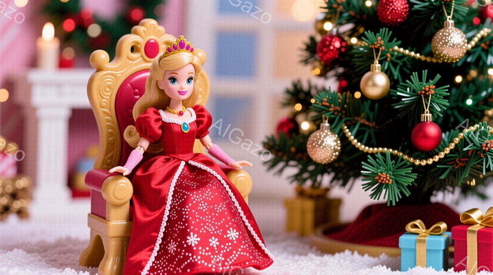 赤いベルベットのドレスと金色の髪の少女の人形が、精巧な金色の椅子に座っています。ドレスには白いドット模様があしらわれ、首元には宝石が輝いています。背景にはクリスマスツリーが飾られ、雪の積もった床にはプレゼントボックスが見え、暖かく華やかなクリスマスの雰囲気が漂っています。
