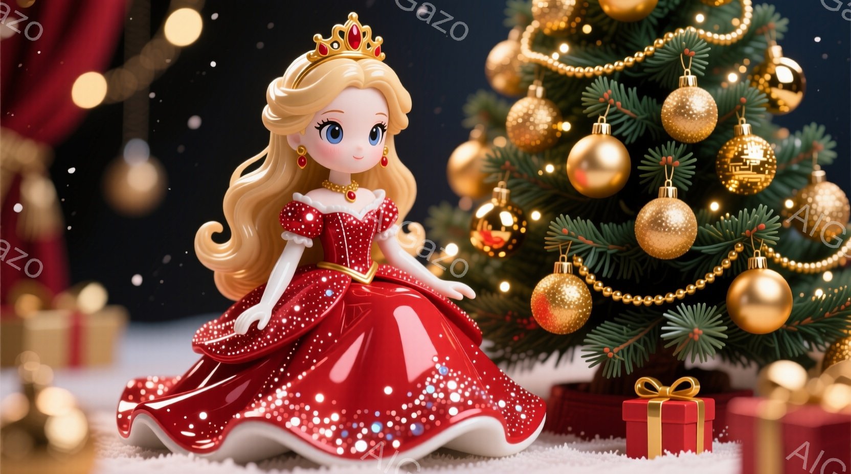 金髪の少女が赤いドレスを着て立っており、頭には金色の王冠を載せています。ドレスは細かい水玉模様で飾られ、裾はふんわりと広がっています。背景にはクリスマスツリーが飾られ、白い雪の上に赤いプレゼントボックスが置かれ、暖かく華やかなクリスマスの雰囲気を醸し出しています。