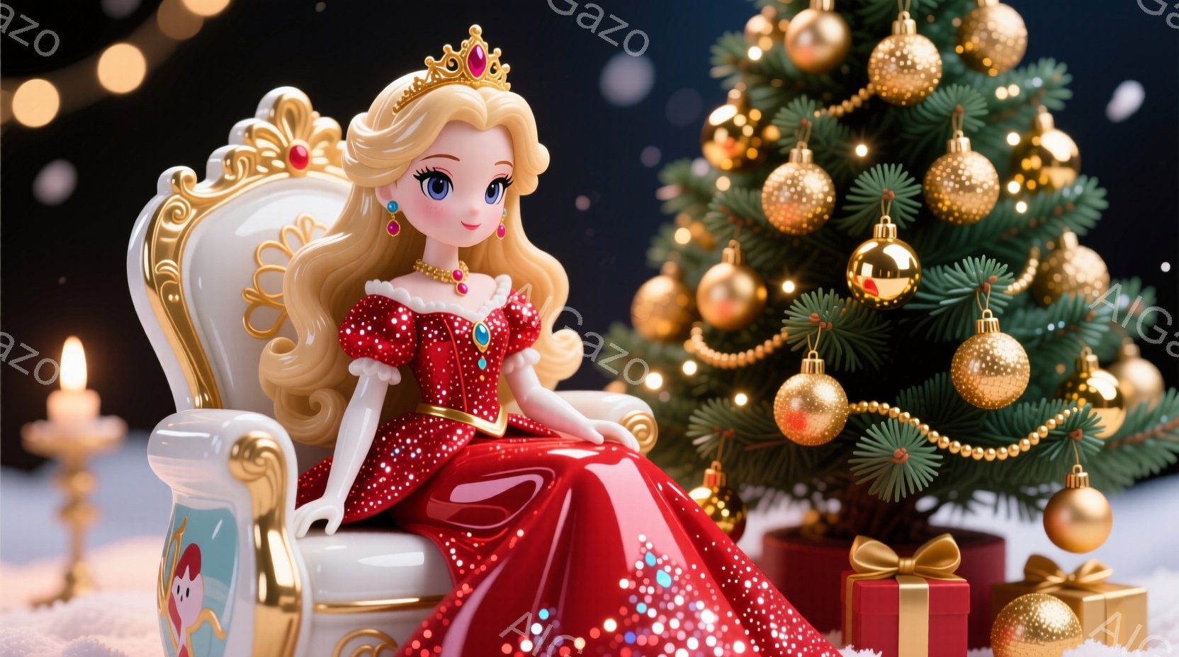 明るい金色の背景を背景に、赤いスパンコールのドレスを着た少女が王座に座っています。金髪はカールされており、頭には小さな金の王冠が載っています。背景には、金色のオーナメントで飾られたクリスマスツリーとプレゼントボックスがあり、全体的に華やかで祝祭的な雰囲気を醸し出しています。