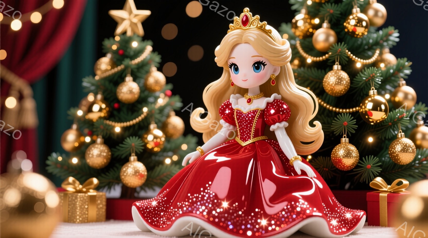 明るい赤いドレスを着た少女が描かれています。ドレスはスパンコールで飾られ、金色に縁取られた襟と袖を持っています。背景にはクリスマスツリーとプレゼントの箱があり、全体的に華やかで祝祭的な雰囲気が漂ってい - AI生成フリー素材