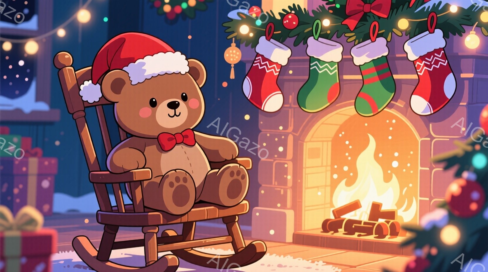 暖炉の前でロッキングチェアに座るテディベアが描かれています。赤いサンタ帽子と赤いリボンをつけており、穏やかな表情を浮かべています。背景にはクリスマスストッキングが飾られ、プレゼントの箱が置かれ、暖かく - AI生成フリー素材