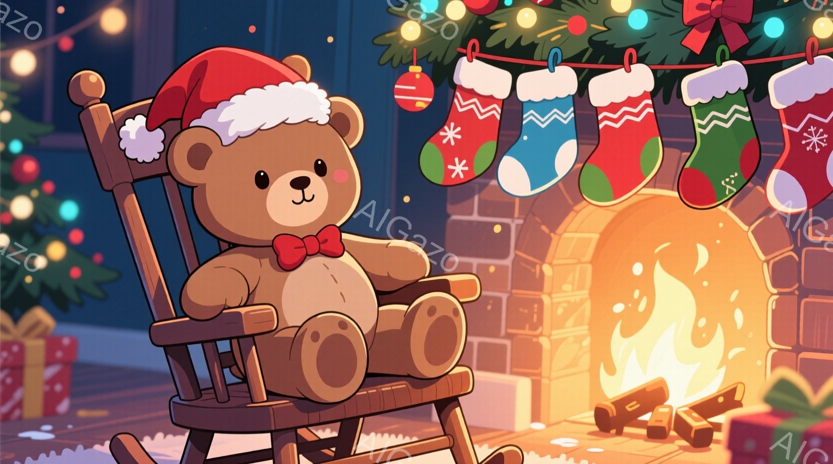 暖炉の前でロッキングチェアに座るテディベアが描かれています。テディベアは赤いサンタ帽をかぶり、赤いリボンを結んでおり、穏やかな表情をしています。背景にはクリスマスツリーやプレゼント、暖炉の炎、そして暖 - AI生成フリー素材