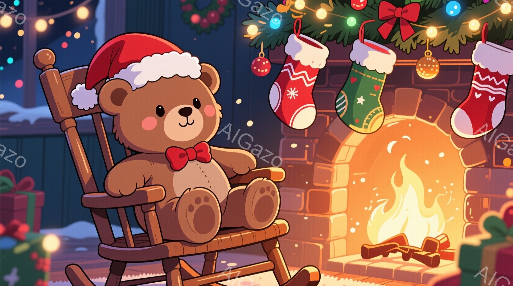暖炉の前でロッキングチェアに座っているテディベアが描かれています。ベアはサンタ帽をかぶり、赤いリボンで首を飾り、リラックスした表情で目を閉じています。背景には、プレゼント、暖炉の火、クリスマスソックス - AI生成フリー素材
