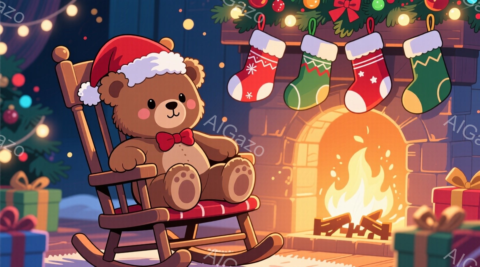 暖炉のそばでロッキングチェアに座っているテディベアが描かれています。赤い蝶ネクタイとサンタ帽をかぶり、リラックスした表情で穏やかな時間を過ごしています。背景には、クリスマスツリー、プレゼント、暖炉、ク - AI生成フリー素材