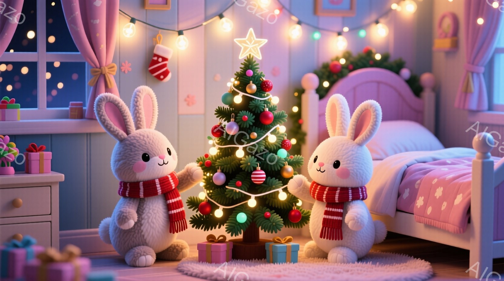 ふわふわの白いウサギが2匹、クリスマスの飾り付けられたツリーの前に座っています。赤いストライプのショールを巻いており、顔は穏やかで可愛らしい表情をしています。背景には、プレゼントボックスが散らばり、ベ - AI生成フリー素材