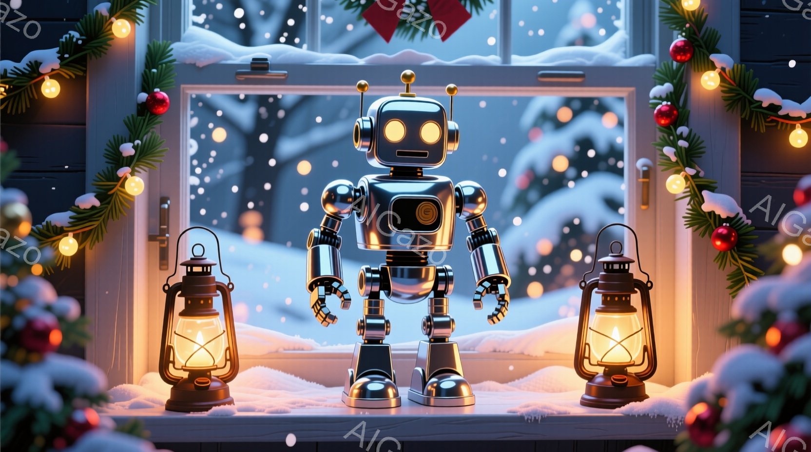 窓辺に、つやつやとした金属製のロボットが立っている。その周りには、温かい光を放つランタンが左右に配置され、雪景色が背景に見える。全体的に、暖かく、お祝いの雰囲気があり、冬の休日を象徴している。 - AI生成フリー素材
