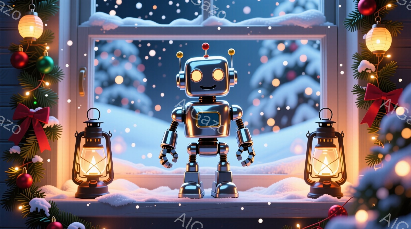 鮮やかな冬の風景の中に、銀色のロボットが中央に立っている。周りにはクリスマスツリーの飾りと灯りが灯ったランタンが配置され、雪が降り積もる背景が温かい雰囲気を醸し出している。ロボットは正面を向き、少し上目遣いで、どこか可愛らしい表情をしている。