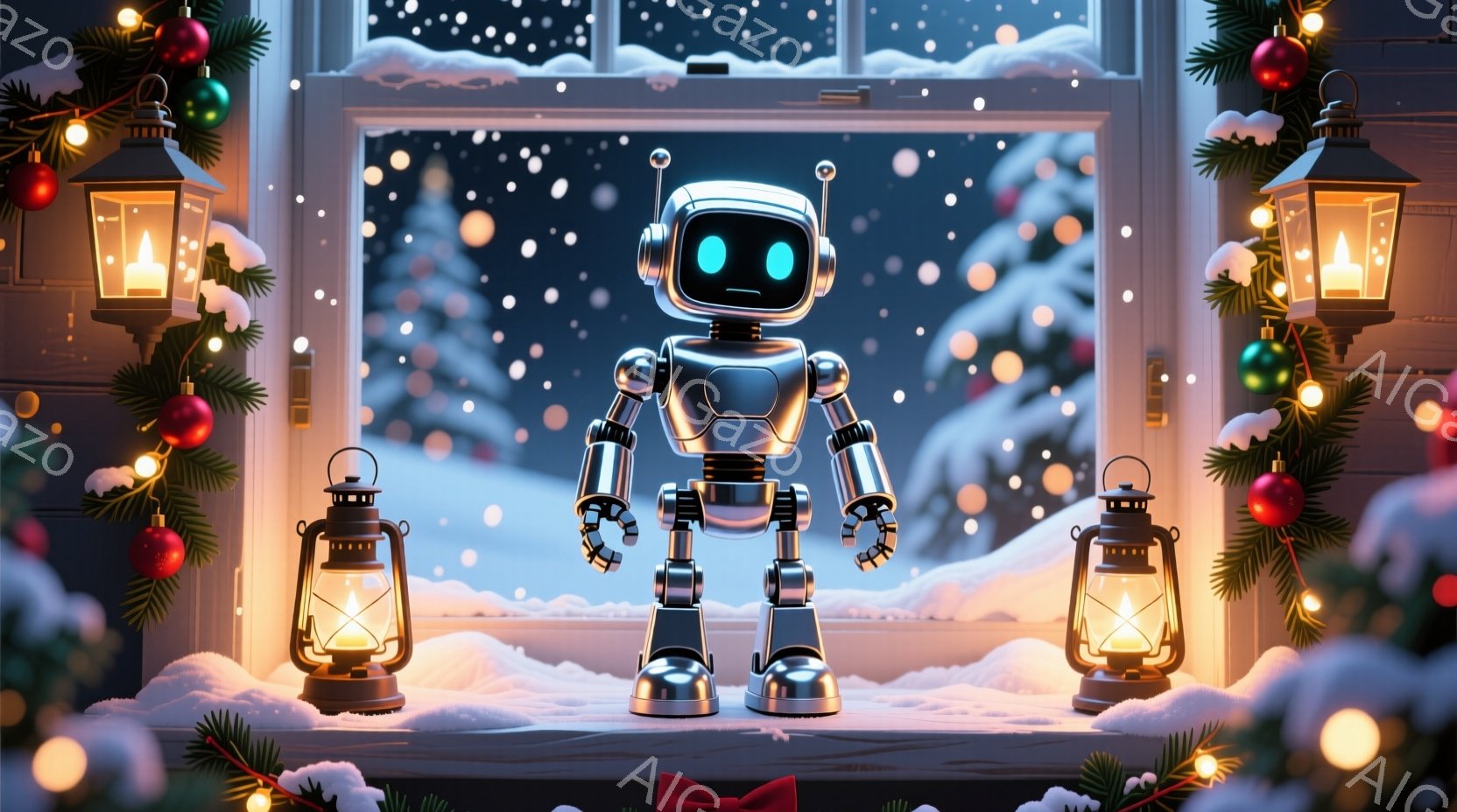 輝く雪景色を背景に、銀色のロボットが赤いリボンを身につけて立っています。ロボットは大きな目を輝かせ、友好的な表情を浮かべています。背景には、装飾されたクリスマスツリーと灯りが灯ったランタンが並び、暖か - AI生成フリー素材