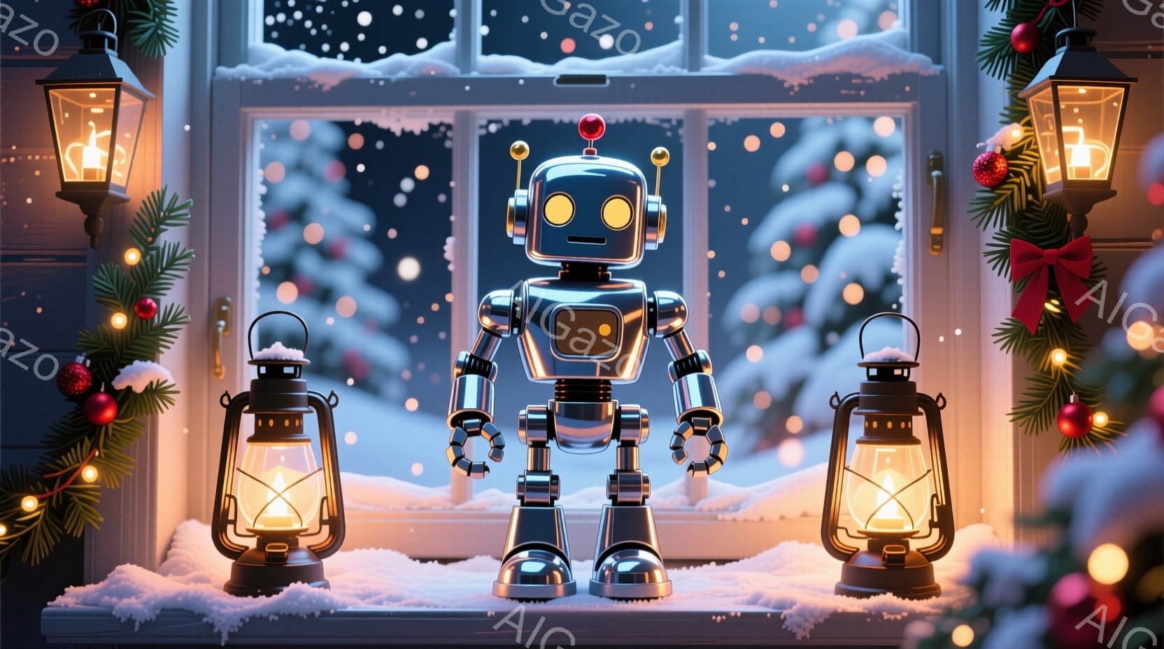 雪が降る背景に、未来的なロボットが立っている。ロボットは銀色のボディに赤い目を持っており、クリスマスの装飾で飾られた窓辺に配置されている。両脇には灯りが灯ったランタンが置かれ、全体的に暖かく幻想的な冬の雰囲気を醸し出している。
